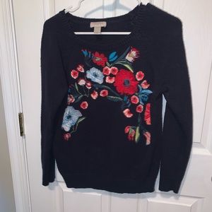 Loft Embroidered Floral Sweater - Navy - Size M